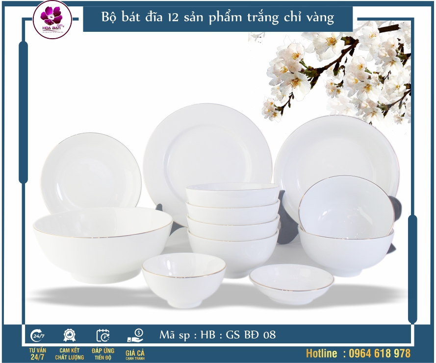 Bộ bát đĩa 12 sản phẩm trắng chỉ vàng 